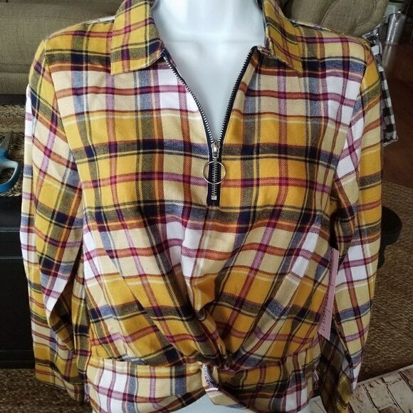 Flannel Mustard Plaid Twisted Waist Zip Blouse - Picture 1 of 6